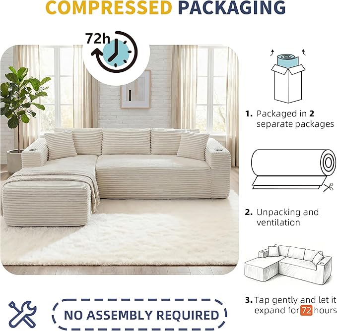 Shintenchi Boneless Couches for Living Room,Modular Sectional Sofa with 2 Cup Holders,Memory Foam Cloud Couch with L Shaped Oversized Chaise,No Assembly Needed Plush Corduroy Sofa,White