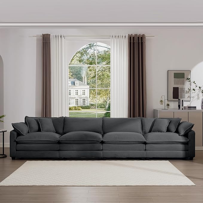 KEIKI 150" Oversized Corduroy Modular Sectional Cloud Sofa with High-Density Foam Cushions, Removable Armrests, Upholstered Modern 4-Seater Fluffy Corner Couch with 6 Pillow, for Living Room, Grey