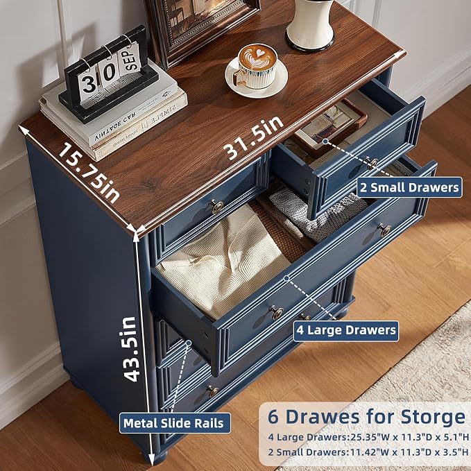 RWYHG Farmhouse 6 Drawer Dresser, Blue Chest of Drawers, 43.5" Tall Dressers for Bedroom with Roman Column and Metal Handles, Rustic Wood Storage Organizer for Living Room, Hallway, Closet - Image 2