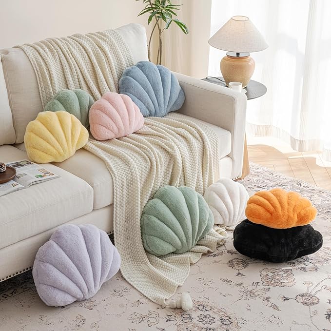 Shell Pillow, Seashell Throw Pillow with Soft Rabbit Plush for Couch Bed, Shell Shaped Decorative Ocean Pillow Stylish Beach Cushion Room Aesthetic Home Decor (Orange, 14 X 11 Inches)