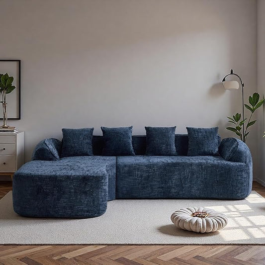 L Shaped Compression Sofa, Modern Modular Couch with Left Chaise Lounge & 4 Lumbar Pillows, Chenille Fabric Oversized 4-Seater Cloud Couch with Rounded Armrests for Living Room, Dark Blue