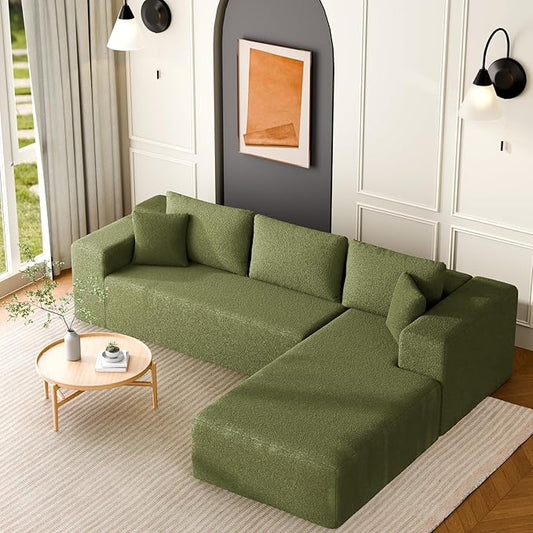 106" Modular Sectional Sofa, Green Wool Cloud Couch with Left Chaise, Deep Seat Boneless Floor Sofa for Living Room, High-Resilience Foam Support, No Assembly Required, Includes Pillows | Sectional Sofa, Corduroy Cloud, Boneless, High-Resilience, No As...