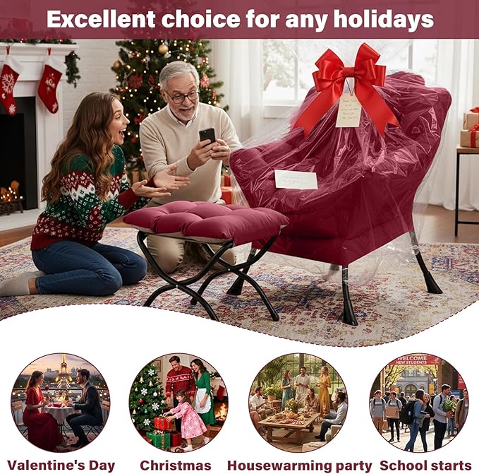 Lazy Chair and Ottoman, Large Burgundy Accent Chair with a Side Pocket, Modern Leisure Upholstered Reading Armchair with Footrest for Office, Bedroom, Living Room, Dorm Rooms, Balcony