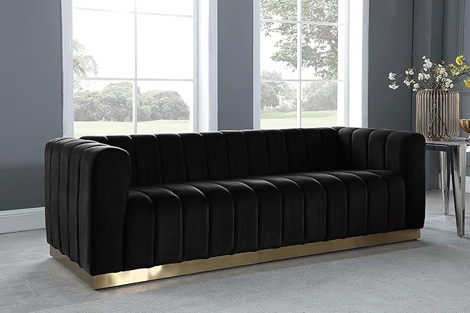 Meridian Furniture 603Black-S Marlon Collection Modern | Contemporary Velvet Upholstered Sofa with Deep Channel Tufting, Stainless Steel Base in a Brushed Gold Finish, Black, 86.5" W x 34" D x 28" H