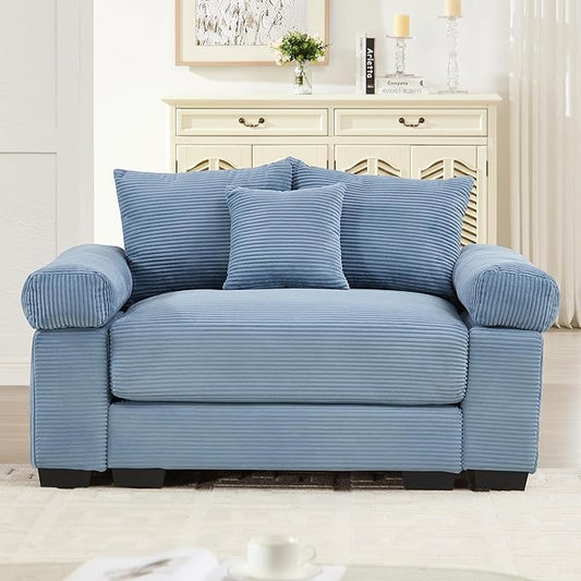KEIKI 54" Oversized Corduroy Modular Sectional Single Sofa with High-Density Foam Cushions, Extra-Thick Armrests, Upholstered Modern 1-Seater Lounge Accent Chair with 3 Pillow, for Living Room, Blue