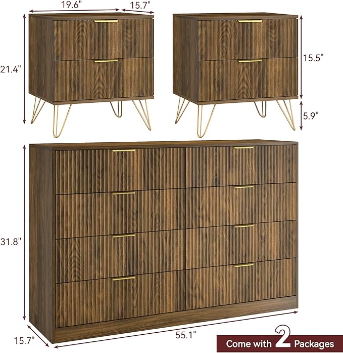 8 Drawer Dresser and Nightstand Sets for Bedroom, 3 Pcs Bedroom Set，Night Stand Set of 2 & 8 Drawer Dresser with Gold Handles, Modern Wood Chest of Drawers Storage Cabinet Set, Natural