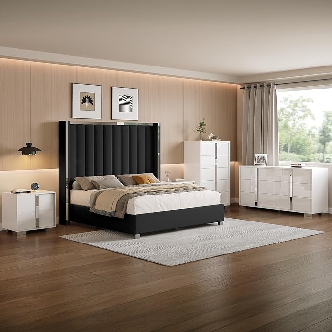 AMERLIFE 5-Piece Modern Bedroom Sets with King Size Upholstered Platform Bed Frame, 58" Wingback Headboard, Spacious 6-Drawer Dresser, Tall Chest, and 2 Coordinated Nightstands, Black and White