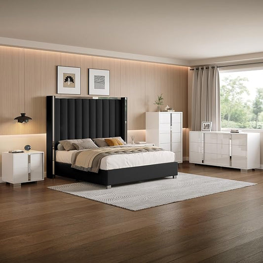 AMERLIFE 5-Piece Modern Bedroom Sets with King Size Upholstered Platform Bed Frame, 58" Wingback Headboard, Spacious 6-Drawer Dresser, Tall Chest, and 2 Coordinated Nightstands, Black and White