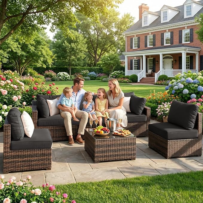 Grezone Patio Furniture Set 7 Piece Outdoor Wicker Sectional Sofa - All Weather High Backrest PE Rattan Couch Conversation Set with Cushion & Glass Top Table for Backyard Deck Porch Black