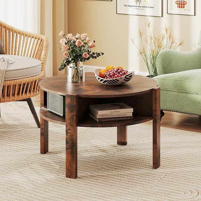 Tangkula Round Coffee Table, 29.5” 2-Tier Circle Cocktail Center Table with Storage Shelves, for Small Spaces, Living Room (Rustic Brown)