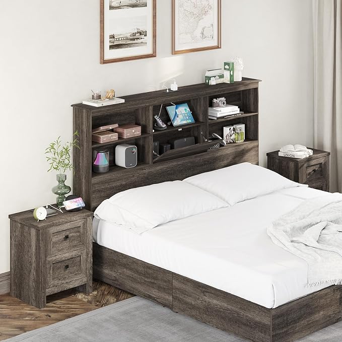 AMERLIFE Nightstand Set of 2 with Charging Station, Rustic Bedside Table with Drawers Storage, Farmhouse Wood Night Stand for Bedroom, Rustic Grey - Image 7