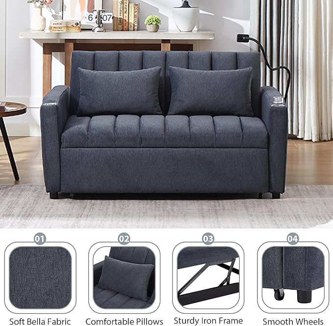 Eafurn 3 in 1 Convertible Sleeper Sofa Bed - Pull Out Couch Bed with Side Pockets, 55.9" Futon Love Seat Sleeper with Cup Holders and 360°Swivel Phone Holder for Living Room
