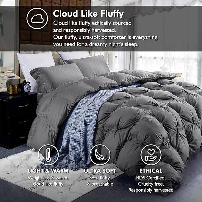 Luxurious Goose Down Feather Fiber Comforter California King Size All-Season Duvet Insert, Premium Baffle Box, 108 X 98 INCHES, 100% Egyptian Cotton Cover, 85 oz Fluffy Fill Weight - Gray Pinch Pleat