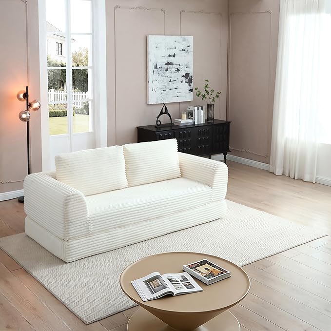 Foldable Boneless Love Seat Couches in a Box, Modern Floor Foam Sleeper Sofa Bed 2-in-1 Convertible Cloud Sofa for Home Apartments Bedroom