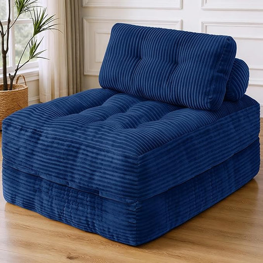 Folding Sofa Bed, Convertible Sleeper Chair with Pillow & Handle, Foldable Mattress Futon Chair Bed Lounge with Back Support, Comfy Floor Sofa for Living Room Bedroom, NavyBlue, Single