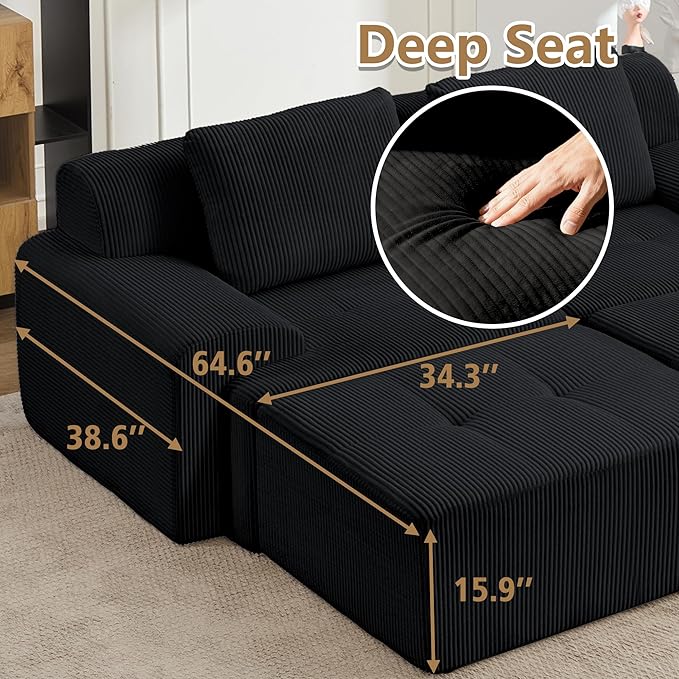 KIGOTY Modular Sectional Sofa, 4 PCS Comfy Cloud Sectional Couch with Deep Seat, Sleeper Sofa Bed with Ottoman, Modern Boneless Couch for Living Room, No Assembly Required,Black