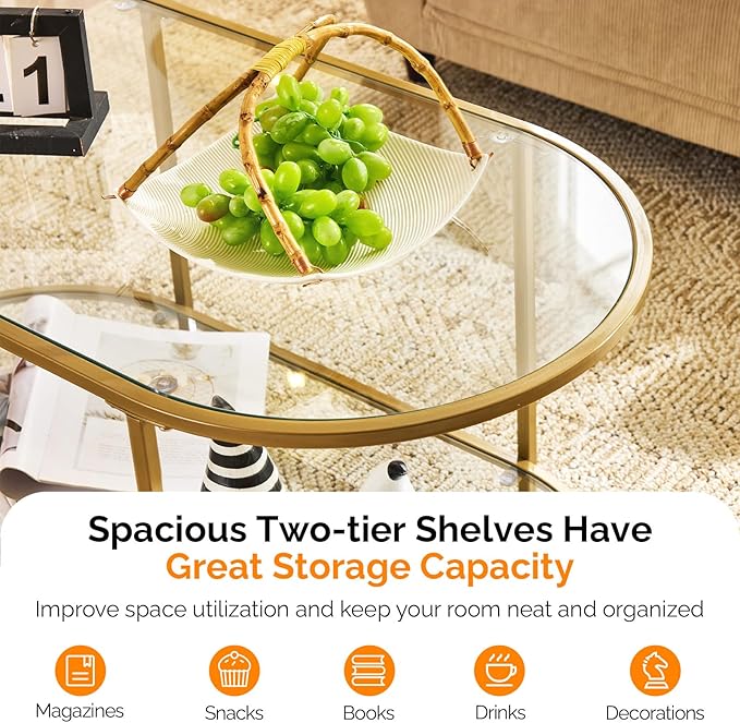 VINGLI 38" Oval Coffee Table, Transparent Glass Coffee Tables for Living, Modern Coffe Table with 2-Tier Storage, Tea Table for Small Space, Office, Balcony, Matte Gold