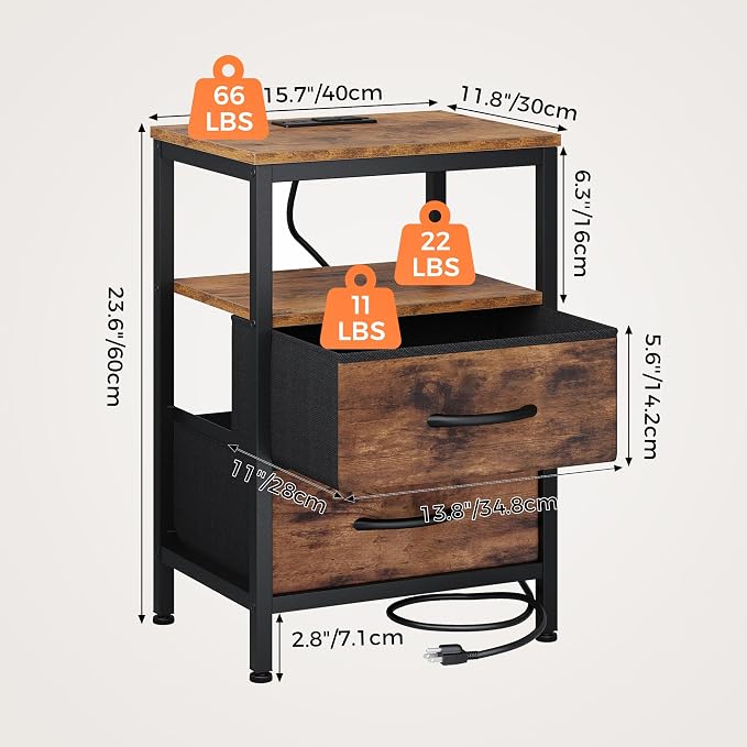 OLIXIS Nightstand with Charging Station, Bedside Table with USB Ports & Type-C, 2 Fabric Drawers Night Stand with Open Shelf, Compact End Table for Bedroom, Rustic Brown - Image 3
