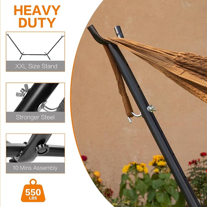 PNAEUT Double Hammocks with Stand for Outside, Portable Space Saving Heavy-Duty Steel Stand for Indoor Outdoor Patio (Mayan Desert) - Image 6
