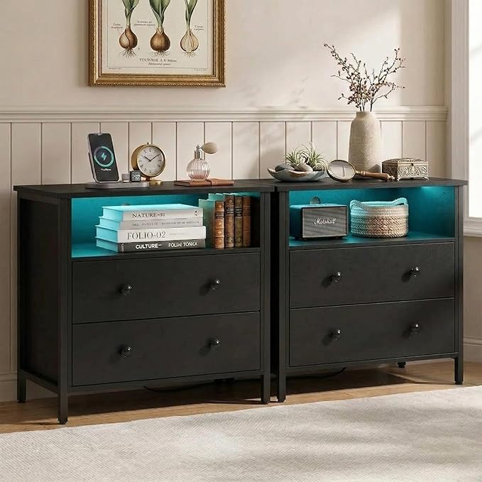 27 Inch Wide Night Stand, Large Wood Night Stand Set 2 with 2 Drawers, LED Nightstand with Charging Station and Adjustable Drawer, Bedside Table for Living Room/Bedroom/Study/Office, Black. by Tykacna