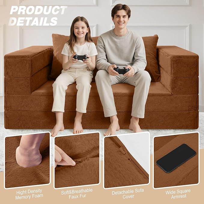 Futon Sofa Bed with Pillow, 3-in-1 Sleeper Sofa Bed with Removable Cover, Convertible Floor Sofa Bed, No Assembly Boneless Couch for Living Room, Bedroom