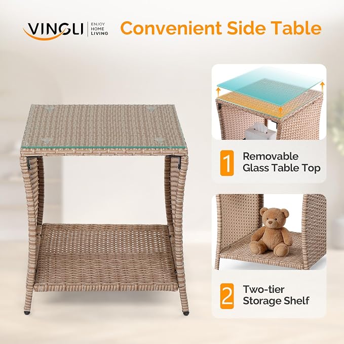 VINGLI Outdoor Wicker Side Table Patio Side Tables for Outside, Tempered Glass Top Wicker Table with Storage End Table for Balcony Porch Deck (Natural) - Image 5