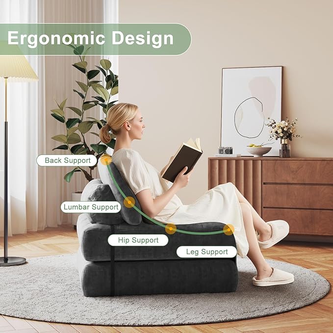 GarveeHome Folding Sofa Bed, Floor Folding Couch with Pillow, Futon Sofa Bed Convertible Sleeper Chair Foldable Mattress Back Support, Portable Fold Out Couch, Full, Corduroy, Dark Grey