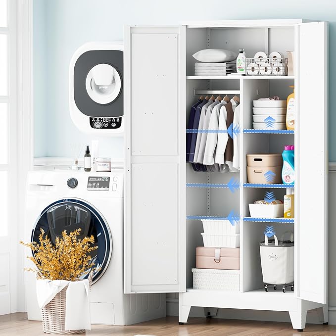 71" Armoire Wardrobe Closet with Hanging Rod & Adjustable Shelves, 2 Doors White Armoire Wardrobe Closet, Metal Clothing Storage Wardrobe Cabinet for Bedroom, Laundry Room, Office