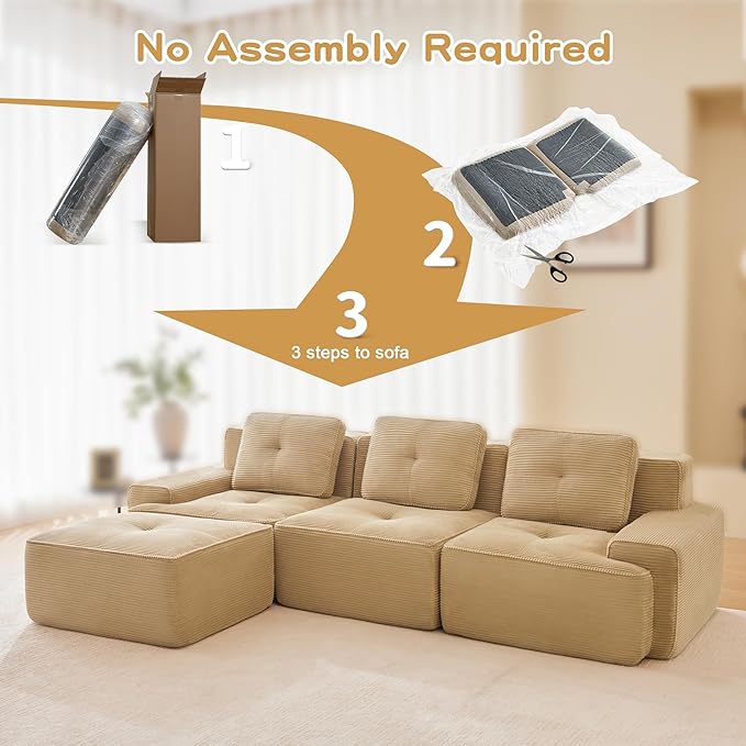 Casaphoria 115'' Boneless Sofa with Ottoman, 3-Seater Modular Couch with 3 Pillows for Living Room, L Shape Cloud Sectional Sofa, No Assembly, Camel