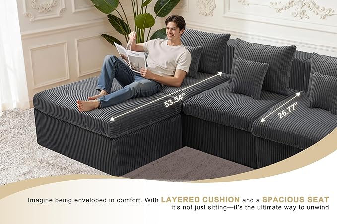 Homguava Modular Sectional Couches for Living Room,101" Cloud Couch with L-Shape Chaise,Comfy Sofa Living Room Couch with Deep Seat,No Assembly (Cordury Grey)
