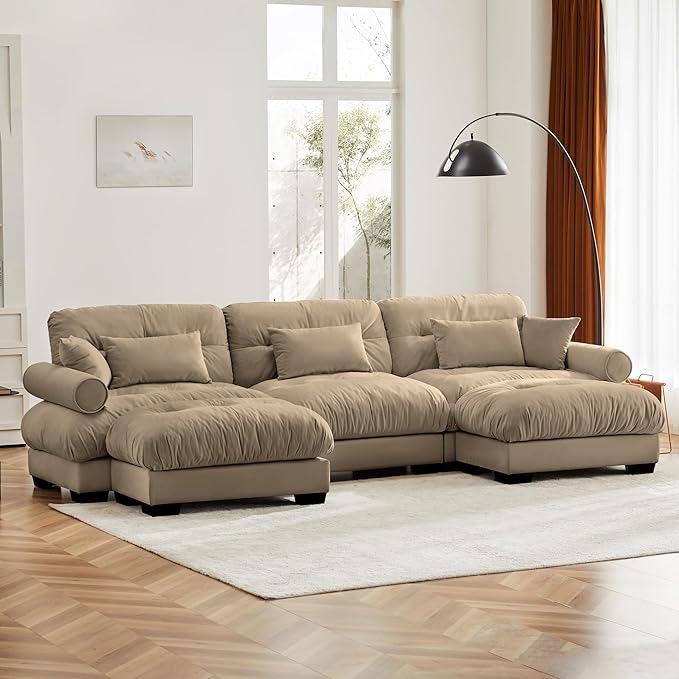 KEIKI 130" U-Shaped Oversized Velvet Modular Sectional Sofa with 2 Ottoman, High-Density Foam Cushions and Bolstered Armrests, Upholstered 3-Seater Cloud Couch with 5 Pillow, for Living Room, Camel