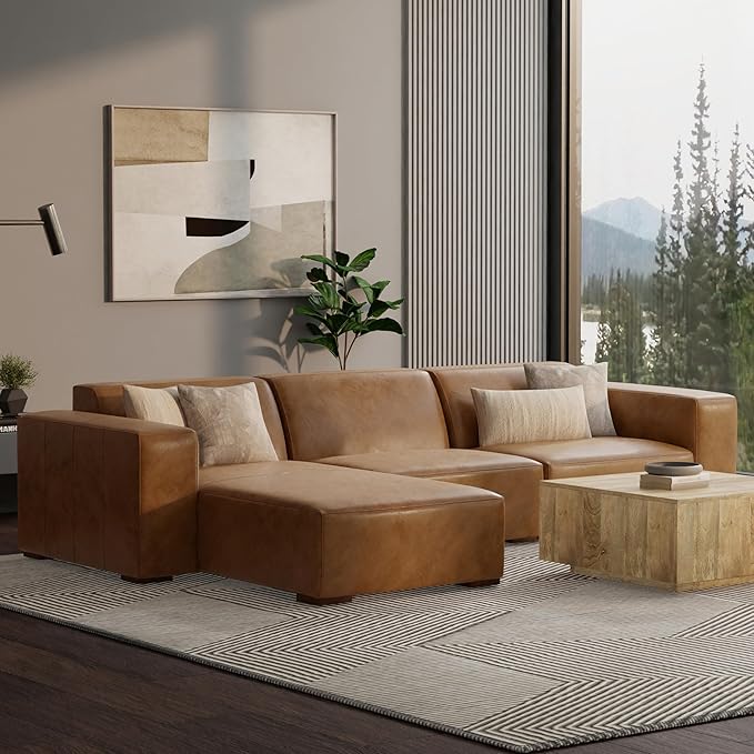 SIMPLIHOME Rex Left Chaise Sofa Module in Full-Grain Genuine Leather, Caramel Brown, 44-inches W x 69.5-inches D, Handcrafted Modern-Style Left-Arm Chaise Lounge Chair for Living Room