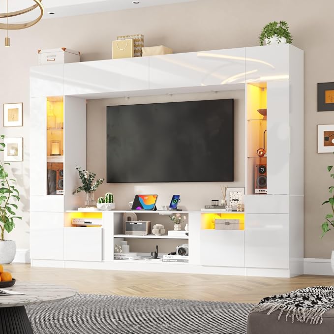 St.Mandyu 107" W Large Wall Unit TV Stand, Modern High Glossy Entertainment Center with Bookshelves and Storage, Media Console with LED Lights & Bridge Cabinet for TVs Up to 85", White - Image 2