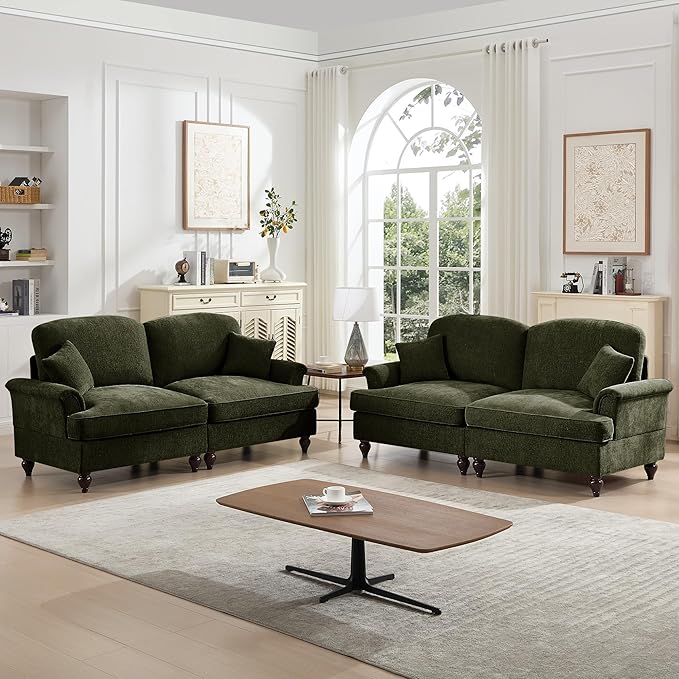 KEIKI Mid Century Modular Sofa with Flared Arms and Skirted Design, 76" Loveseat Chenille Sectional Couches Set for Living Room, Comfortable Apartment Size Home Sofa Bedroom Furniture, Green