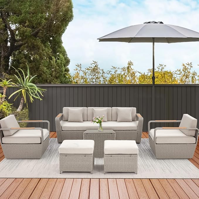 HOMREST 6 Pieces Patio Furniture Set, Outdoor Sectional Conversation Rattan Sofa Set with Ottoman and Outdoor Side Coffee Table for Garden, Porch, Backyard (Light Gray)