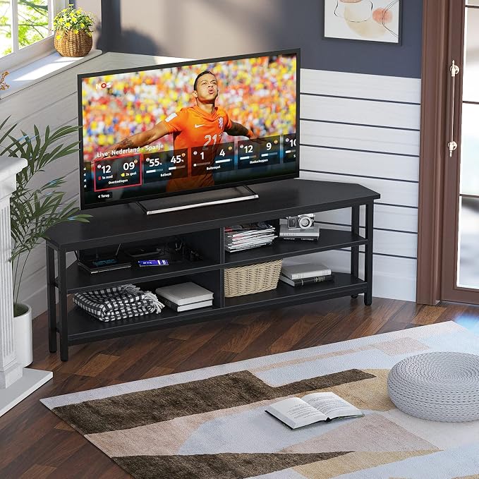 Unikito Corner TV Stand With Power Outlet, Corner Entertainment Center Corner TV Table With 4 Open Storage Corner TV Cabinet Wood TV Stand For Living Room,Bedroom Corner TV Stand For 55 inch TV, Black - Image 3