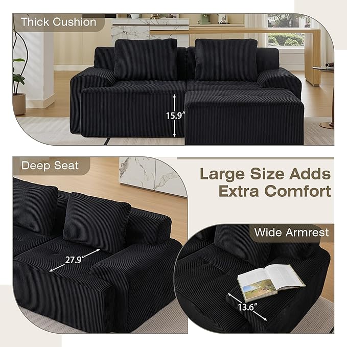 Modular Sectional Sofa, Boneless Couches for Living Room, Corduroy Couch, Big Comfy Couch, Modular Cloud Sofa with Deep Seat (Black, 3 Pieces-L Shape)