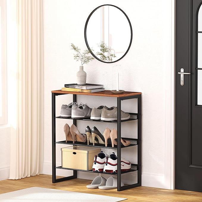 CHEMPFR Industrial Shoe Rack - Sturdy Steel Entryway Shoe Organizer with Spacious Top - Strong Mesh Shoe Storage Shelves - Adjustable Shoe Stand for Closet Organization (4-Tier) - Image 2