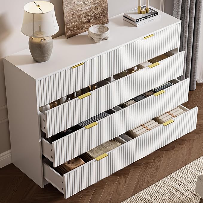 MAISONARIA 3-Piece Dresser Bedroom Set, 8 Drawer Dresser & 3 Drawer Nightstands with Gold Handles, Fluted Wood Chest of Drawers for Bedroom, Living Room, Entryway, White