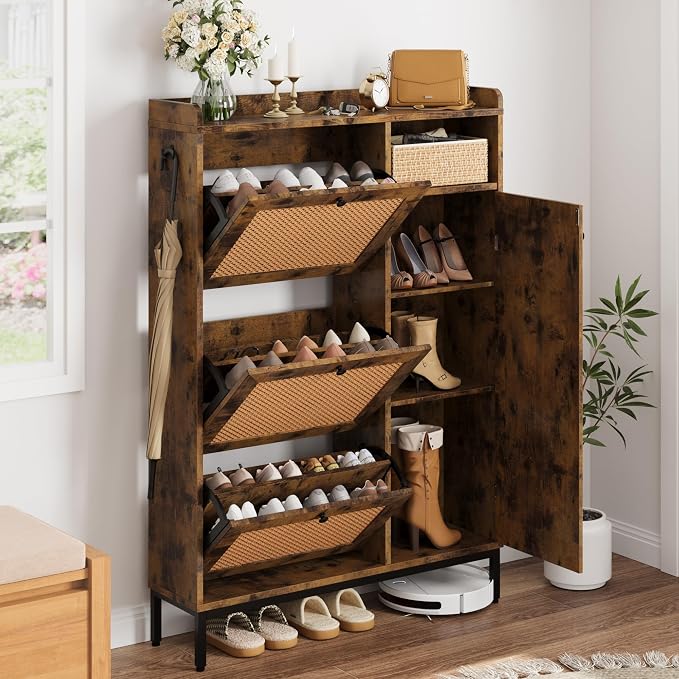 GarveeHome Shoe Cabinet Rattan with 3 Flip Drawers and 4-Tier Shoe Storage Cabinet, Freestanding Shoe Organizer with Adjustable Shelves for Entryway, Closet, Hallway (Brown) by GarveeHome