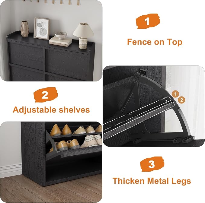 GarveeHome Shoe Cabinet with 6 Flip Drawers, Wooden Shoe Organizer Cabinet with Adjustable Shelf, Shoe Storage for Entryway, Hidden Shoe Cabinet for Hallway, Living Room, Black - Image 6
