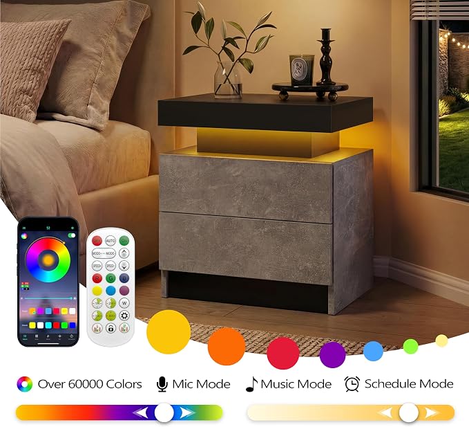 i-aplus Nightstand Set of 2 LED Nightstand with 2 Drawers, Bedside Table with Drawers for Bedroom Furniture, Side Bed Table with LED Light, Grey Black - Image 8