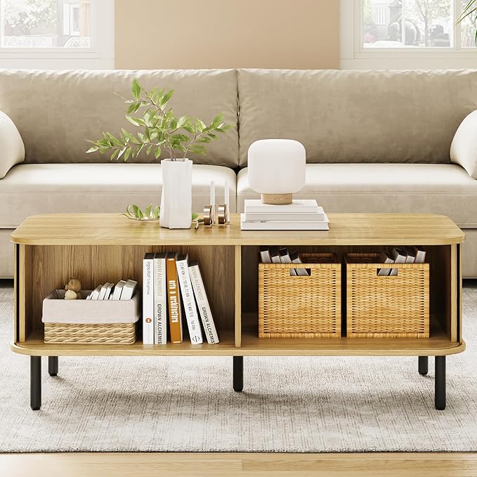 Coffee Table with Storage, 47.2" Mid Century Modern Coffee Tables for Living Room, Rectangle Wood Center Table with Sliding Tambour Door & Adjustable Leg for Living Room, Oak