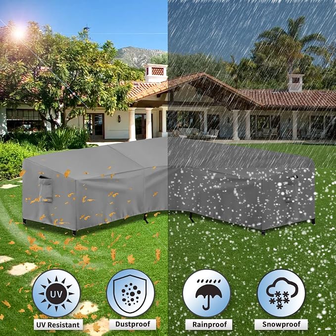 PureFit Outdoor Sectional Sofa Cover Waterproof V Shaped Patio Furniture Covers for Deck, Lawn and Backyard, 100”x100”, Gray - Image 6
