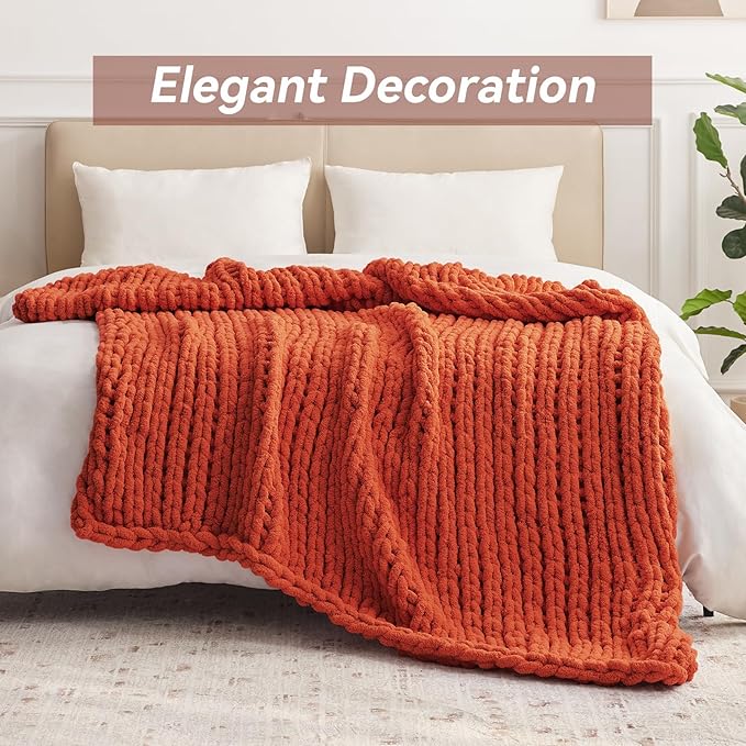 Negwoo Chunky Knit Throw Blanket, 40''*50'' Fall Throw Blanket Knitted Chenille Yarn for Bed Couch, Handmade Orange Crochet Big Thick Blanket, Machine Washable Cute Comfy Blankets for Home Decor