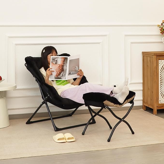 Comfy Saucer Chair for Adults, Set of 2, Soft Faux Fur Bedroom Chair, Accent Dorm Chairs, Flexible Living Room Reading Chairs, Oversized Folding Seat for Teens, X-Large, Black