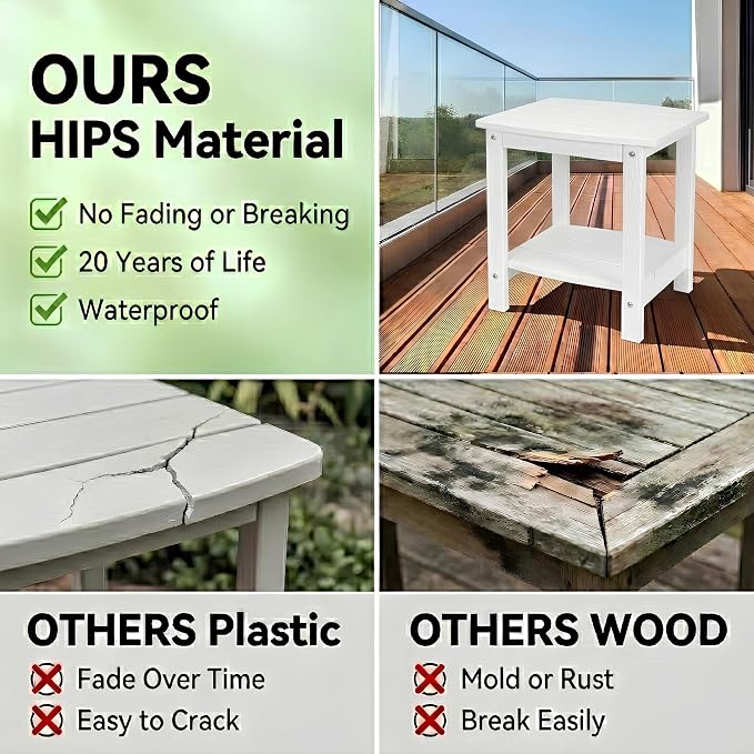 Y&M Outdoor Side Table, HIPS Adirondack Small Double Layer Table, Waterproof Square Outside Table, Balcony Modern End Tables for Patio, Pool, Beach, Porch, Deck, Indoor or Outdoor Use, White - Image 6