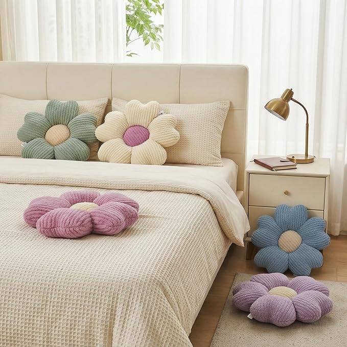 2 Pcs Pink Decorative Throw Pillows, 15'' Cute Daisy Flower Shaped Pillow Floor Seating Cushion for Bed Couch Bedroom Room Dorm Decor (Pink & Ivory)