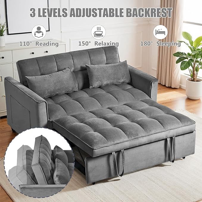 3 in 1 Sleeper Sofa Bed, Pull Out Couch, Convertible Futon Loveseat with krest, Dinotefuran Living Room Chaise Lounr Home Apartment Office, Dark Grey