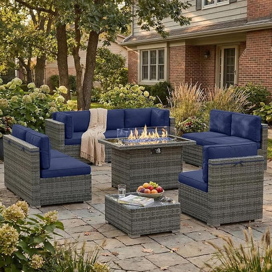 10 Pieces Patio Furniture Set with 44" Propane Gas Fire Pit Table, Outdoor Sectional Wicker Conversation Sofa Sets with Coffee Table